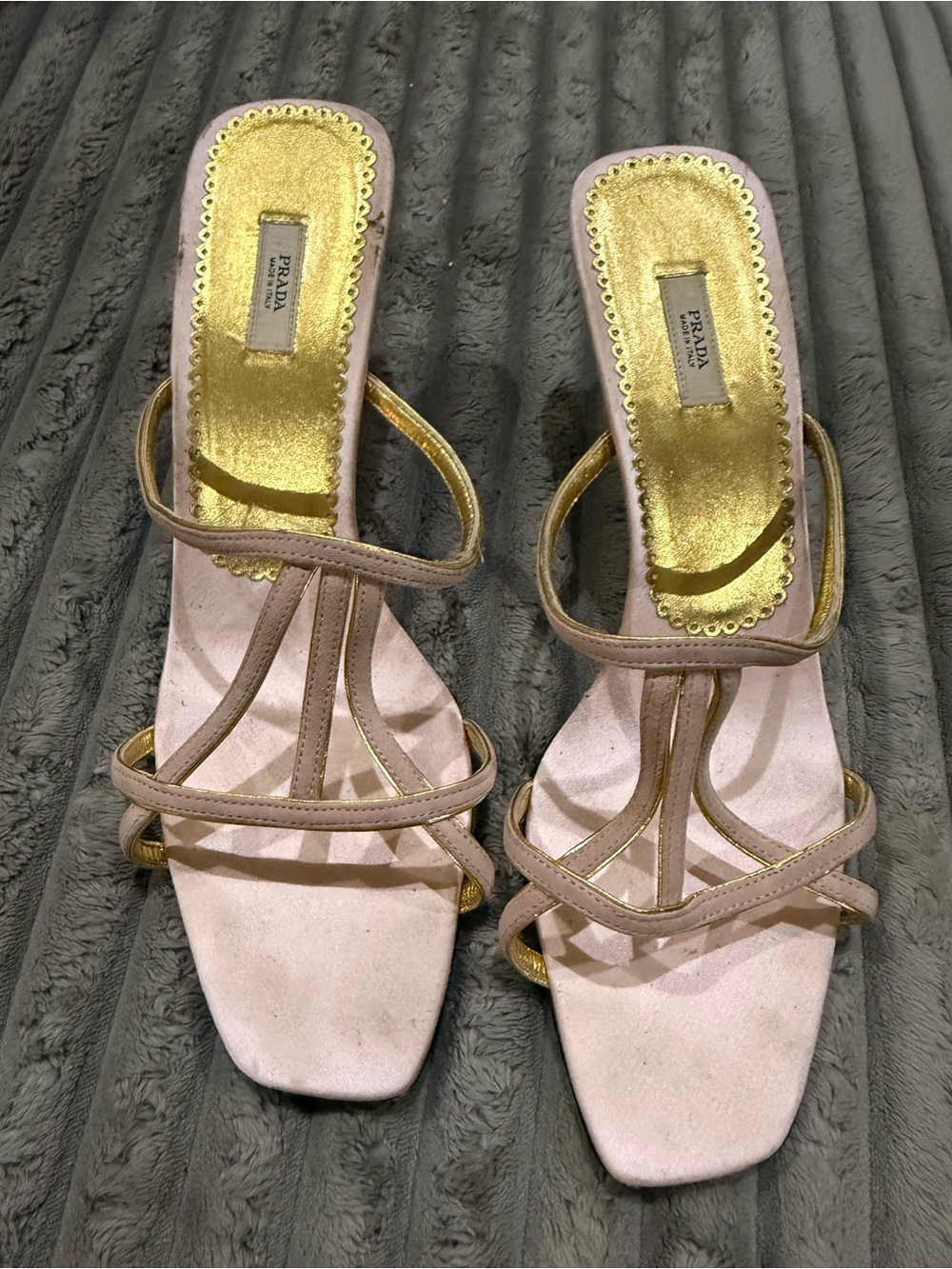 Prada Blush Pink and Gold Strappy Heeled Slides